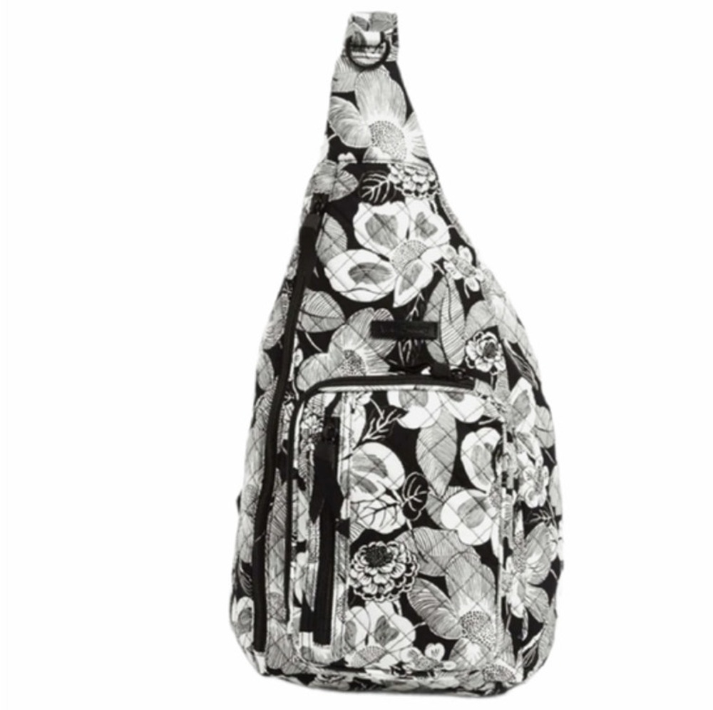 NEW VERA BRADLEY Black & White Floral Bedford Blooms Large Sling Backpack